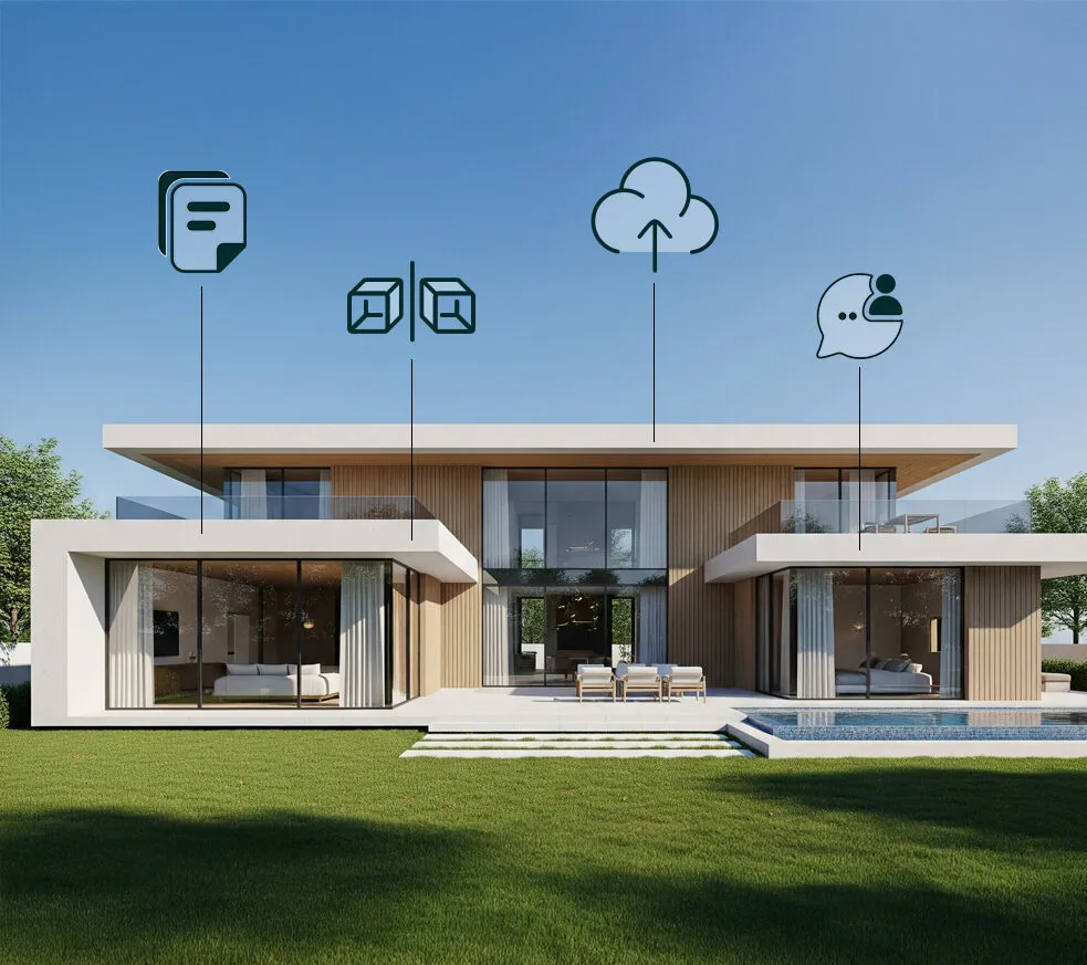 Villa contemporanea con icone di documenti, modelli, cloud e chat