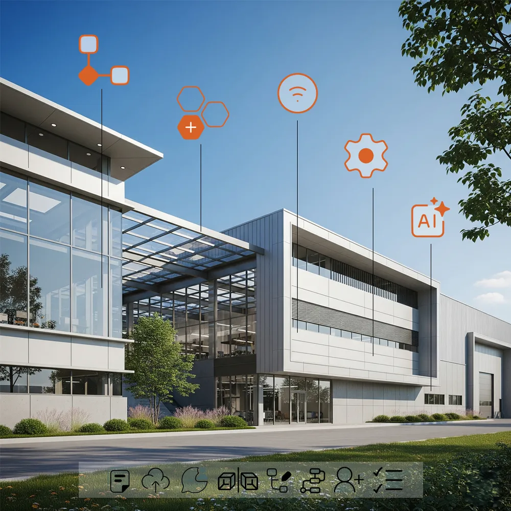 Stabilimento industriale con icone di sensori, manutenzione e AI